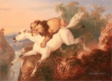 動物 Painting - ライオンに襲われる馬